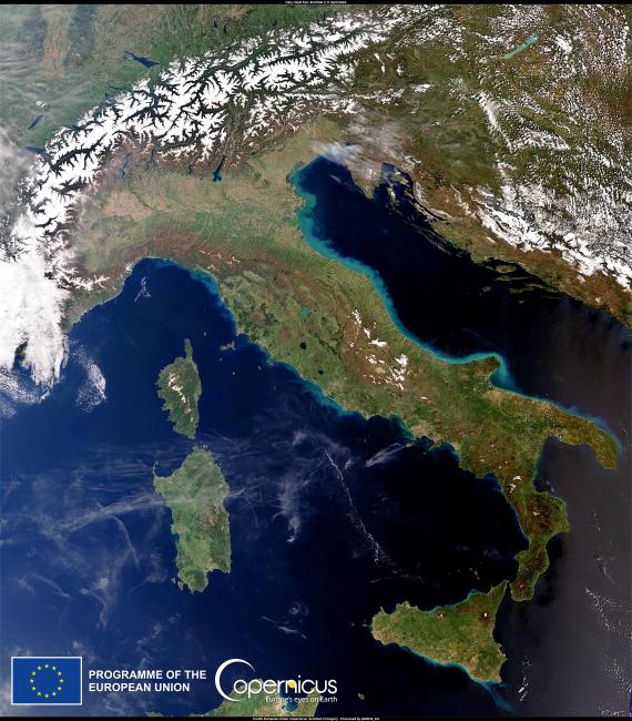 Copernicus Sentienel-3 satellites on 11 April 2022, shows a cloud-free view of Italy. Credit: European Union, Copernicus Sentinel-3 imagery